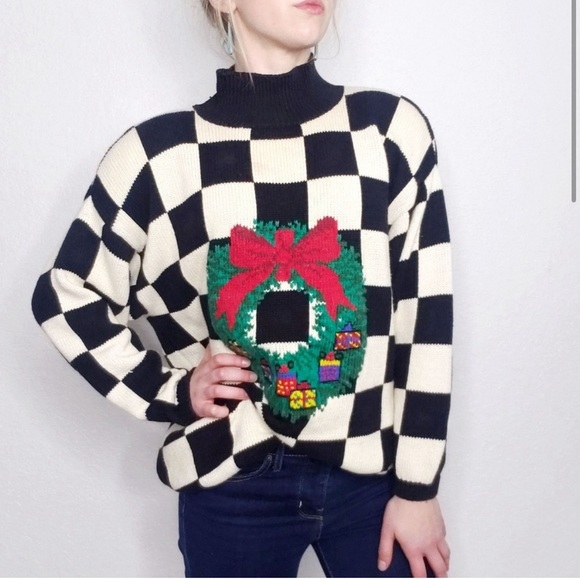 Vintage Ugly Christmas Mock Neck Checkered Sweater - Picture 2 of 8
